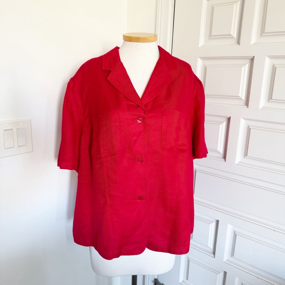 Emma James Woman Top Blouse Red Short Sleeve Button Down Linen Blend Size 20W